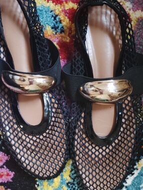 Zara Black Mesh Slingback Flats with Gold Accent Buckle